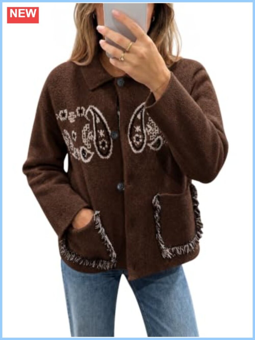 Womens Boho Fringe Paisley Cardigan Button Down Sweater with Pockets